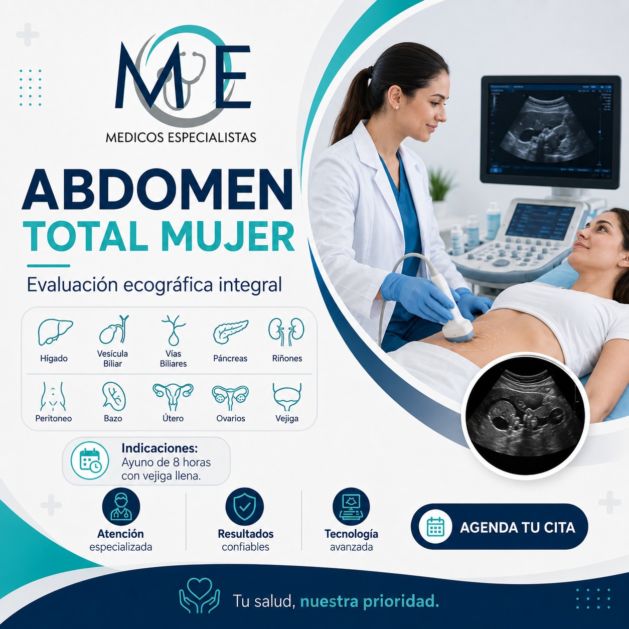 ABDOMEN TOTAL MUJER: Hígado, vesícula, vías biliares, páncreas, riñones, peritoneo, bazo, útero y anexos, ovarios, vejiga.