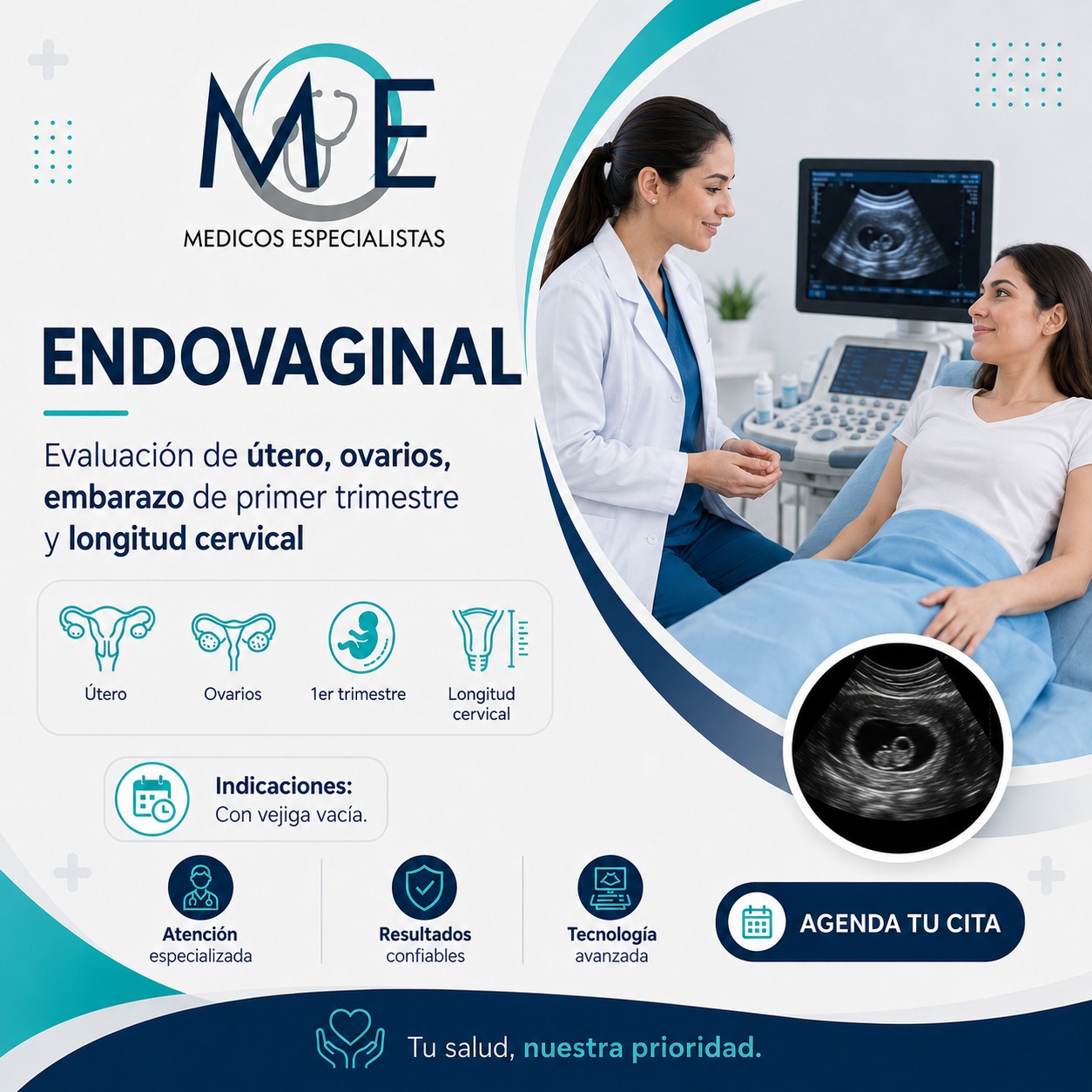 Endovaginal: Útero, ovarios, embarazo de primer trimestre, medición de longitud cervical, sospecha de placenta previa.