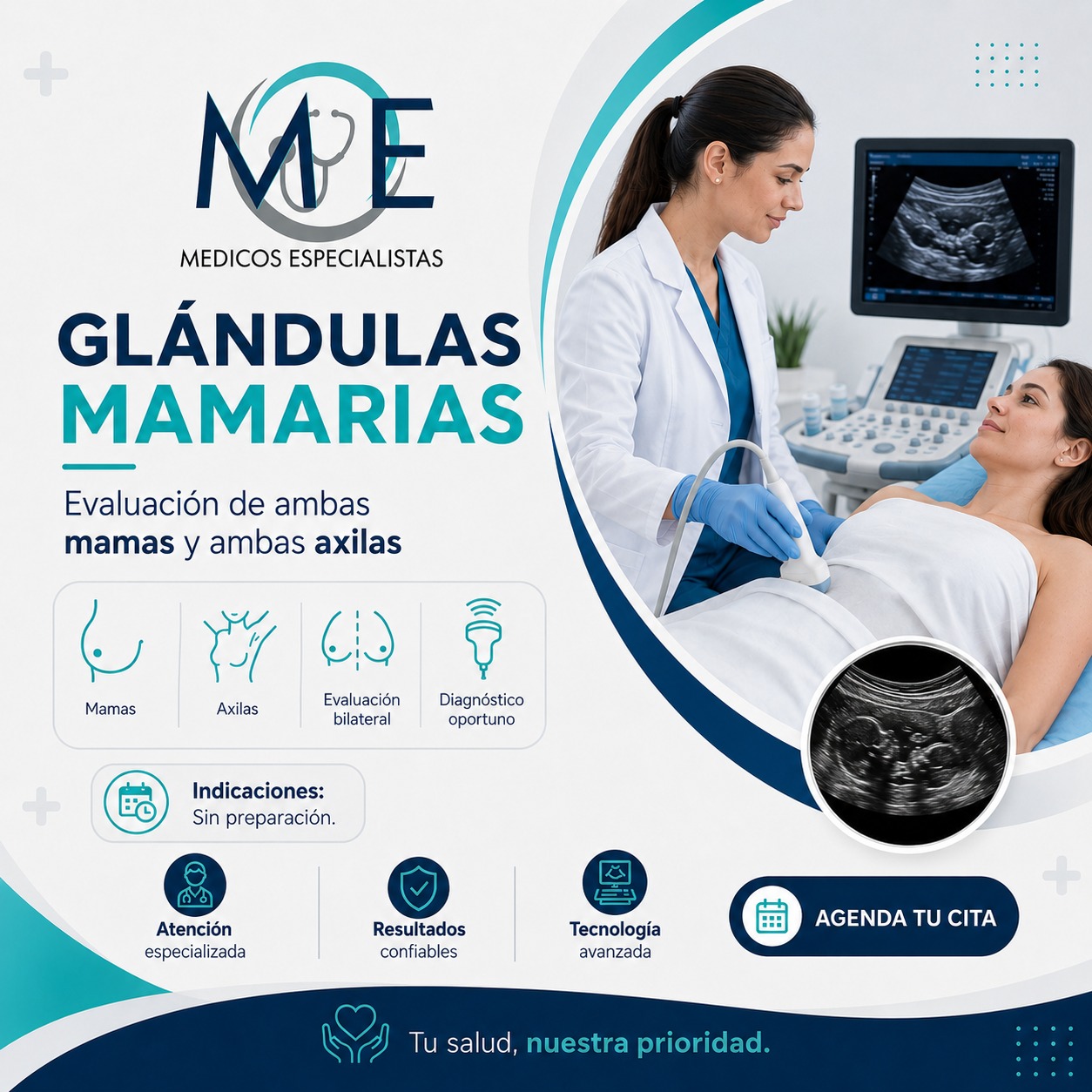 Glándulas mamarias: Ambas mamas y ambas axilas.