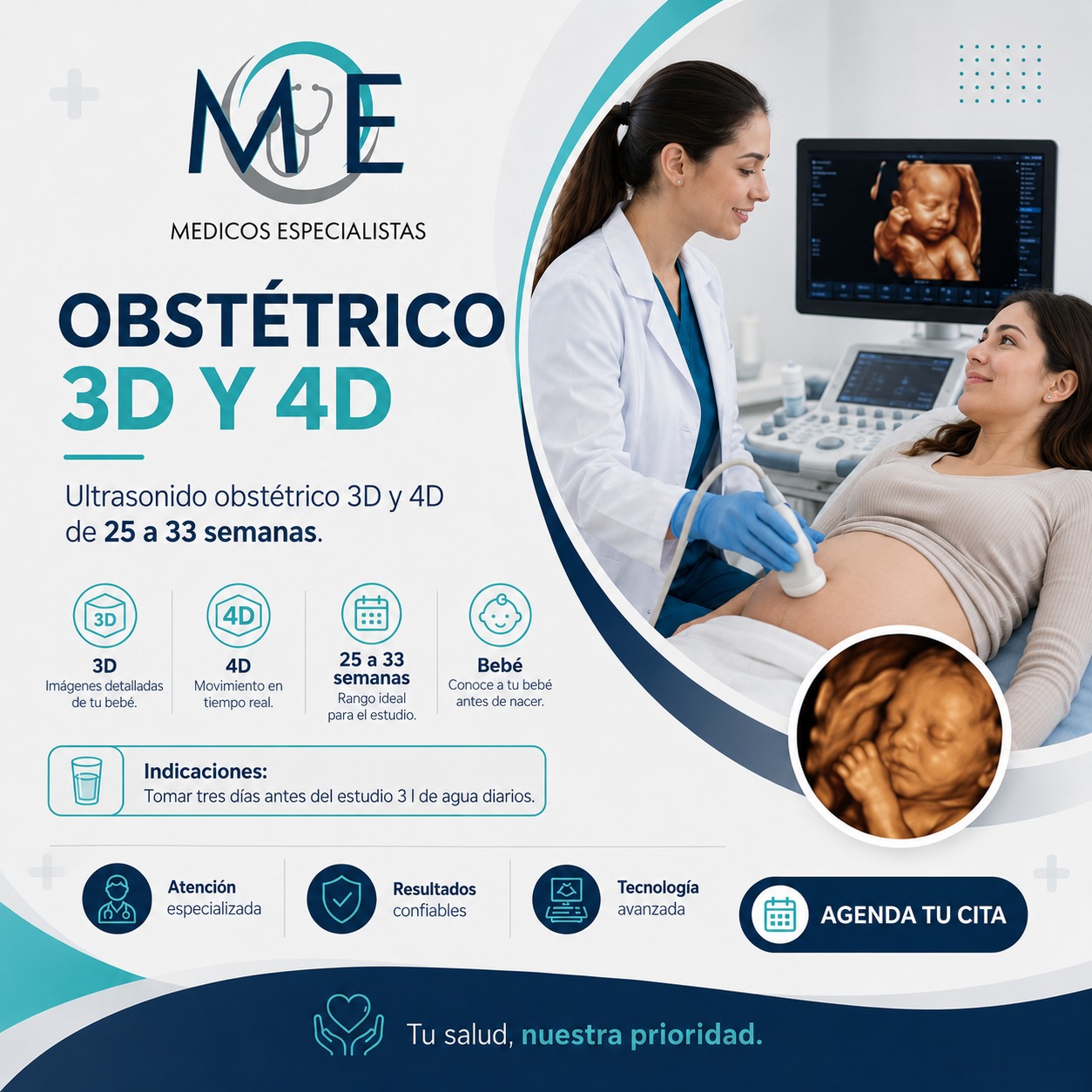 Obstétrico Doppler: Arteria umbilical, arteria cerebral media, arterias uterinas.