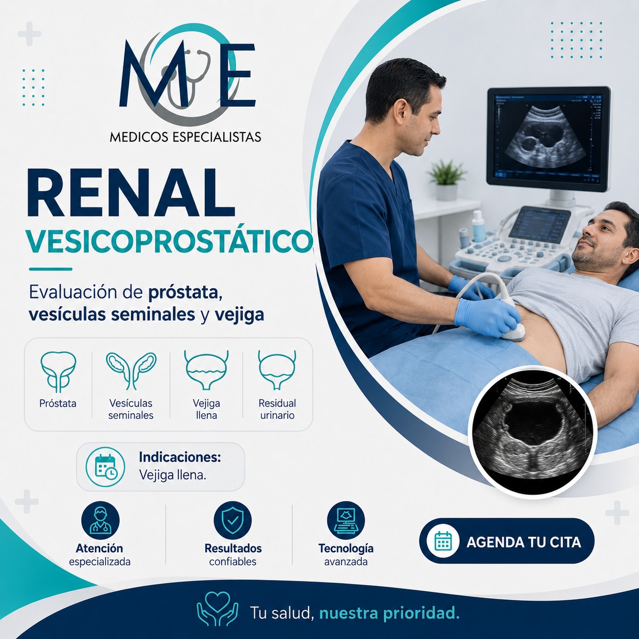 Renal Vesicoprostático: Próstata, vesículas seminales, vejiga a repleción y residual.