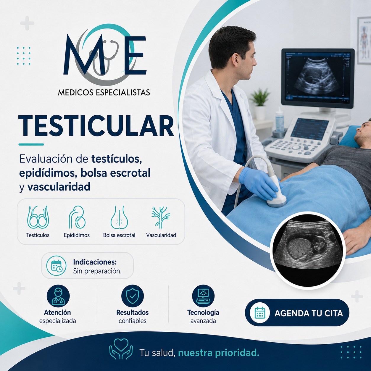 Testicular: Testículos, epidídimos, bolsa escrotal, vesículas seminales, vascularidad.